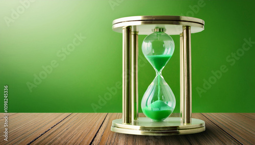 Hourglass time passing green background concept for business deadline, urgency and running photo