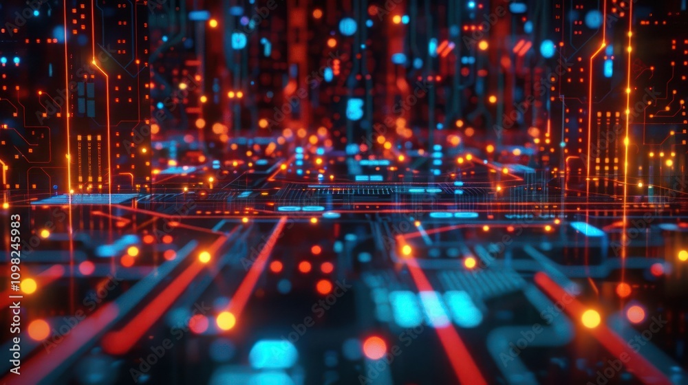Fototapeta premium Abstract digital landscape with glowing circuits and data nodes.