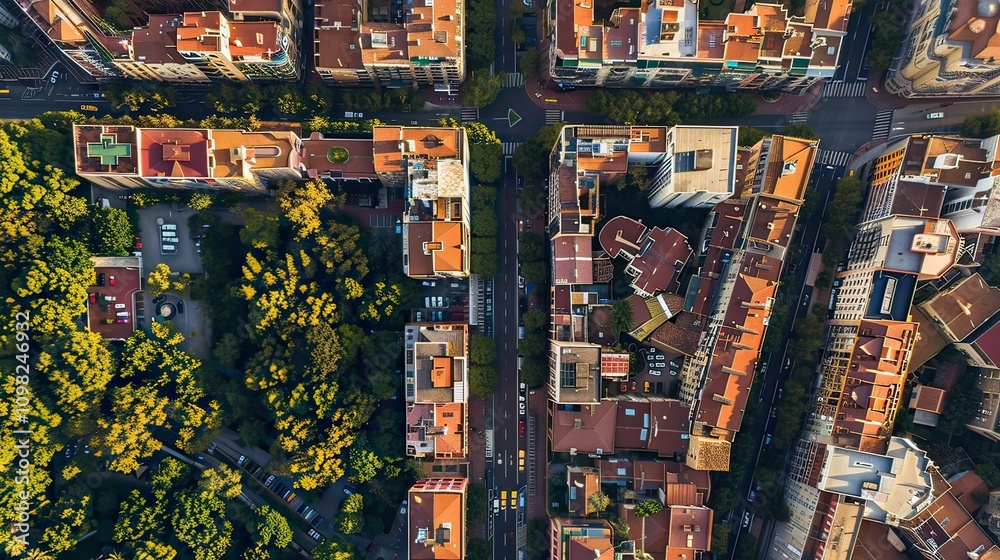 Fototapeta premium An aerial view of a sprawling urban area with a mix of old and new buildings.