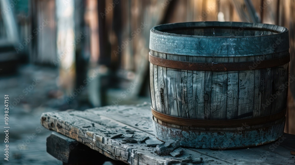 Naklejka premium A rustic wooden barrel sits on a weathered table, evoking a sense of nostalgia and craftsmanship.