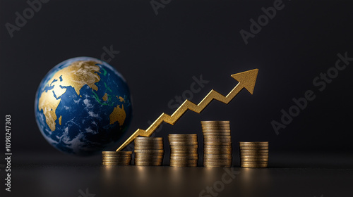 Coins laying on a desk in front of a globe and arrows ponting upwards. Displaying signs of prosperity, groth and economical expansion