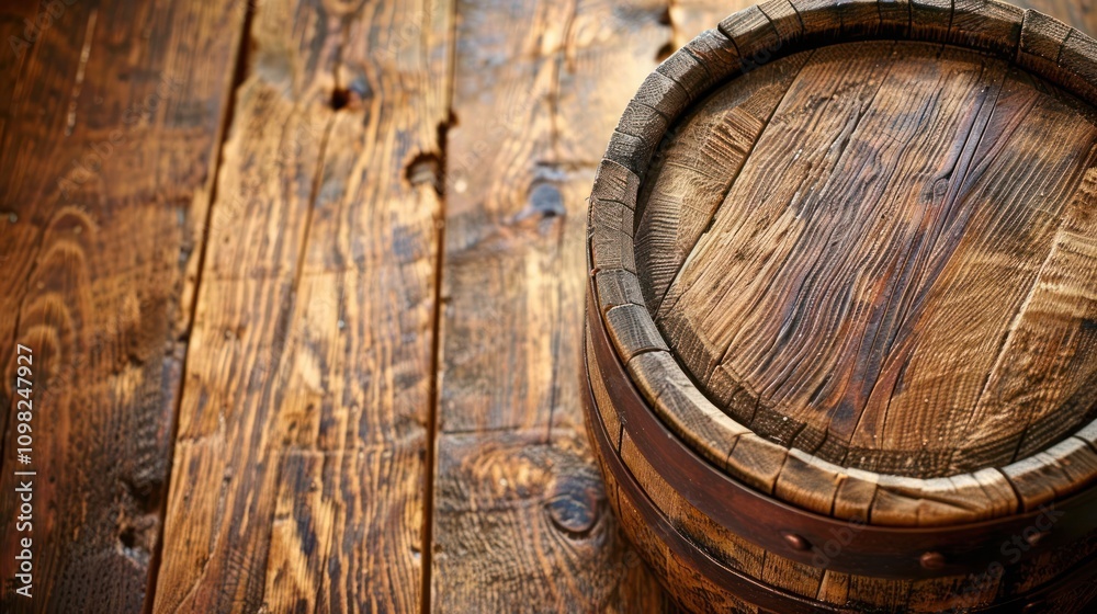Fototapeta premium A wooden barrel rests on a rustic wooden surface, evoking a vintage feel.