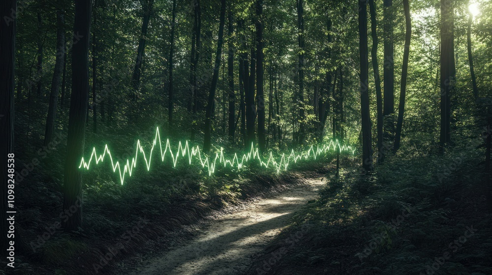 Fototapeta premium Forest path with an abstract sound wave overlay.