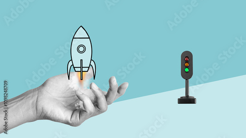 Let's get started is shown by rocket launch. Startup and creativity