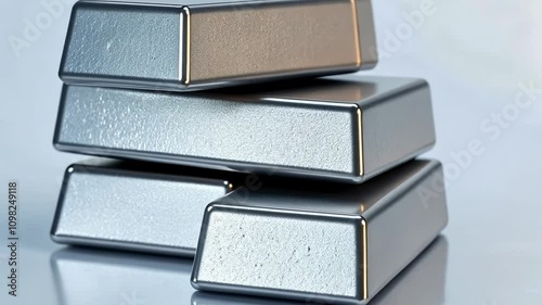 Metallic bars stacked in a modern style reflecting light on a smooth surface