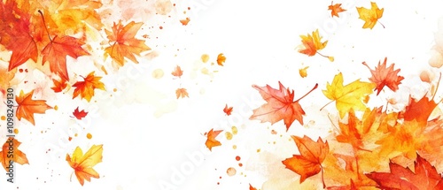 A watercolor illustration of autumn leaves in vibrant orange and yellow hues.