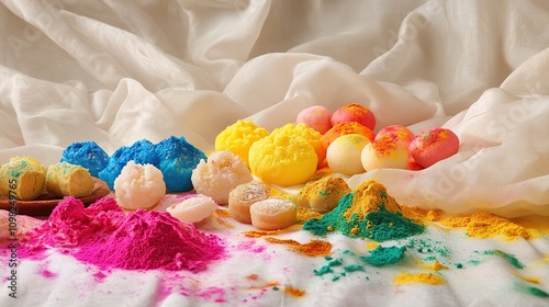 Colorful Holi sweets and powder on fabric.