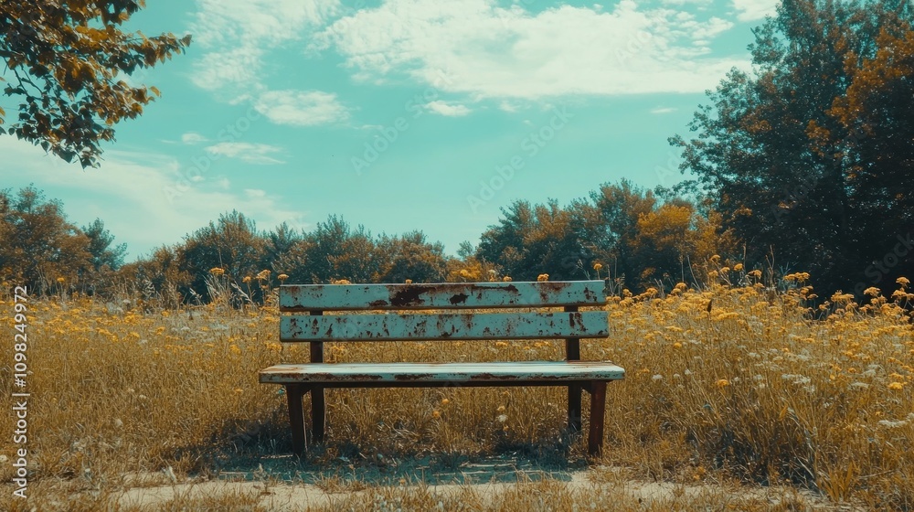 Obraz premium Rustic Bench in a Serene Meadow