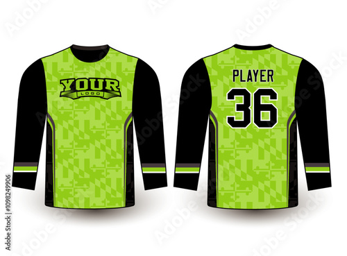 Long sleeves team jersey design with an elegant edgy and wild look. Sports gear template mockup perfect fit for all sports. The designs that go on casual wear, shirts, fashion apparel, and all kind 