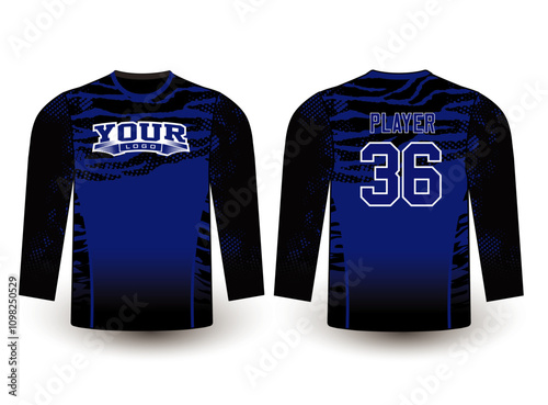 Long sleeves team jersey design with an elegant edgy and wild look. Sports gear template mockup perfect fit for all sports. The designs that go on casual wear, shirts, fashion apparel, and all kind 