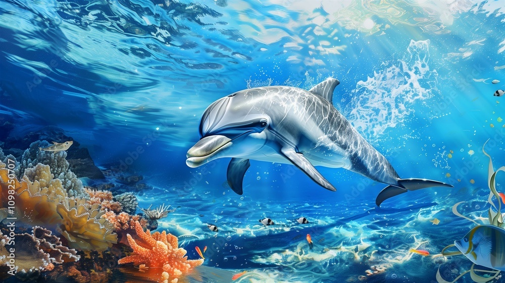 Fototapeta premium Playful dolphins swimming in vibrant ocean waters 