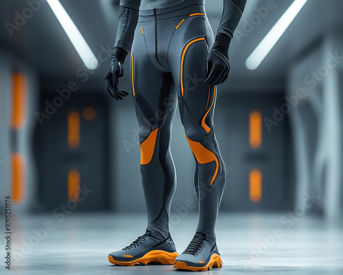 Futuristic Sportswear Design with Orange Accents in Modern Interior Setting photo