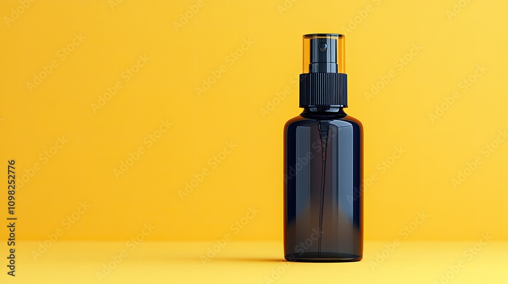 Naklejka premium A sleek dark glass spray bottle shines against a bright yellow backdrop, exuding elegance