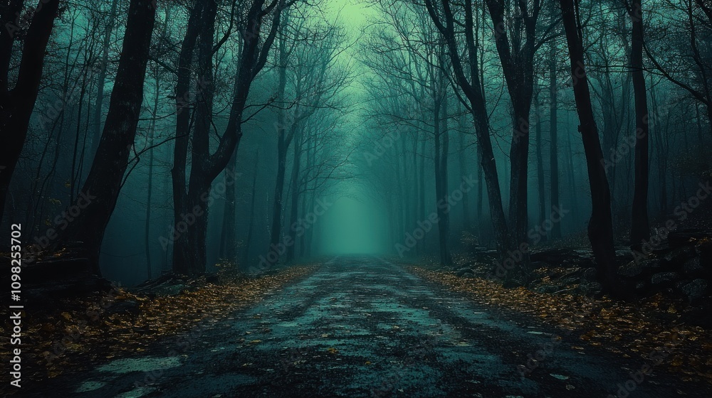 Fototapeta premium Enigmatic Forest Path: A Mystical Journey Through a Fog-Shrouded Woodland