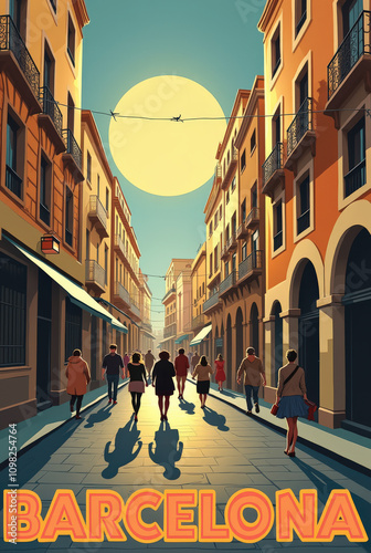 Art Deco Style Travel Poster of Barcelona Featuring Iconic Landmarks, La Sagrada Familia, Night Scenes, Shopping Streets, and Sunset Views