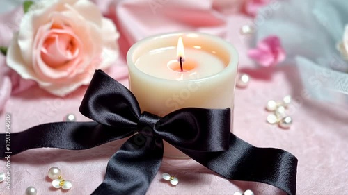 White Candle with Black Ribbon and Romantic Decor photo