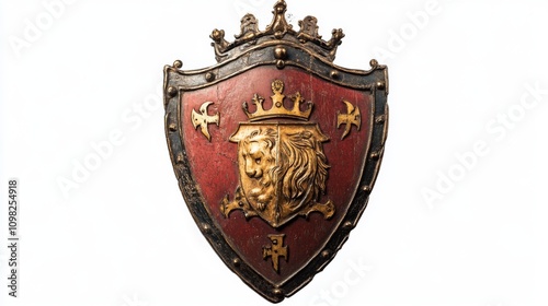 A majestic shield adorned with a lion emblem and a crown. Perfect for artistic projects, games, or medieval themes. Evokes strength and nobility. Generative AI photo