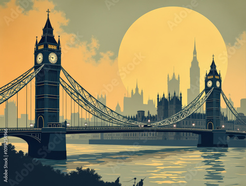 Art Deco Style London Travel Poster Featuring Big Ben, Tower Bridge, and Iconic Cityscapes in Vintage Designs