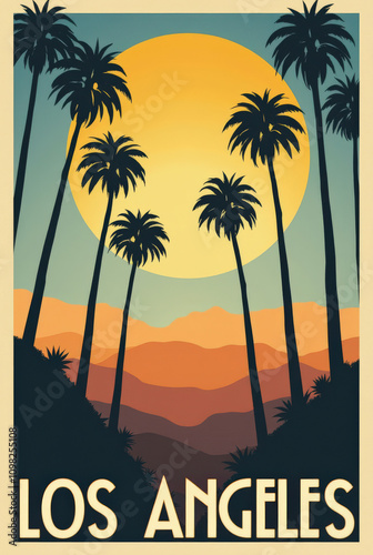 Vintage Art Deco Travel Poster of Los Angeles - Palm Trees, Hollywood Hills, and Iconic California Coastline