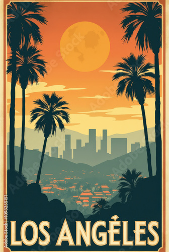 Vintage Art Deco Travel Poster of Los Angeles - Palm Trees, Hollywood Hills, and Iconic California Coastline
