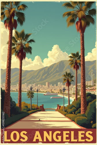 Vintage Art Deco Travel Poster of Los Angeles - Palm Trees, Hollywood Hills, and Iconic California Coastline