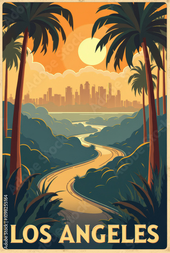 Vintage Art Deco Travel Poster of Los Angeles - Palm Trees, Hollywood Hills, and Iconic California Coastline