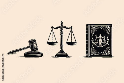 Judge's gave, book l and scales of justice. set. Vintage black vector engraving illustration, emblem, sketch, print. Cut out, isolated.