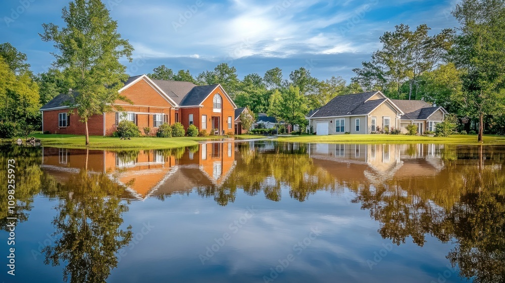 Obraz premium Flooded Houses Reflected in Still Waters: A Serene Yet Concerning Scene