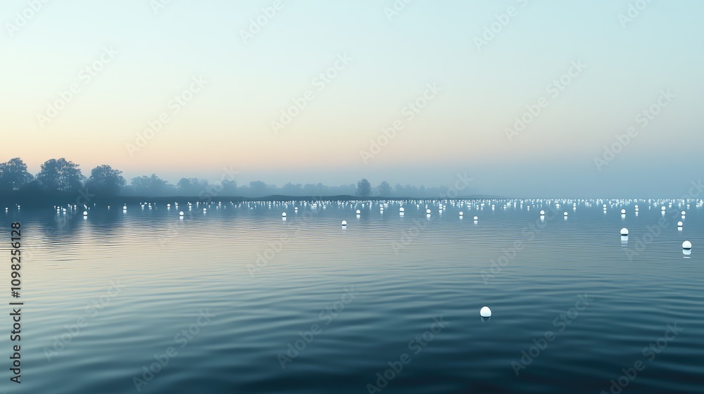 Fototapeta premium Foggy lake in the early morning with floating data points tracing out the horizon line
