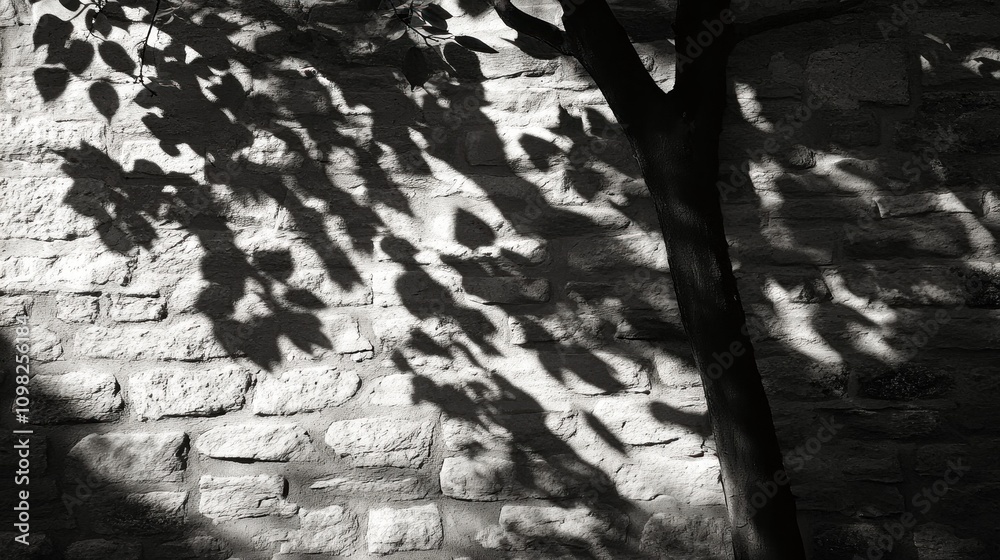 Naklejka premium Shadow Play: Monochrome Leaves Dance on Stone