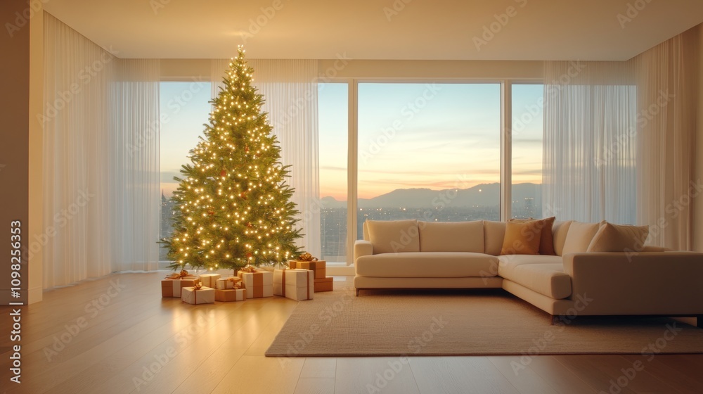 Fototapeta premium Christmas Evening in Modern Apartment with City View