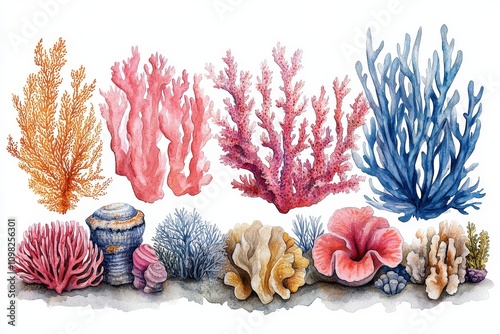 A watercolor illustration of various types of colorful coral and marine life. photo