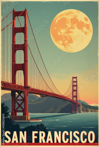 Golden Gate Bridge San Francisco Art Deco Travel Poster – Iconic Illustrations of California Landmarks and Scenic Bay Views