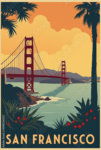 Golden Gate Bridge San Francisco Art Deco Travel Poster – Iconic Illustrations of California Landmarks and Scenic Bay Views