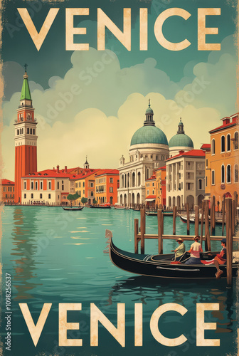 Vintage Art Deco Travel Poster of Venice Featuring Gondolas, Canals, and Iconic Landmarks