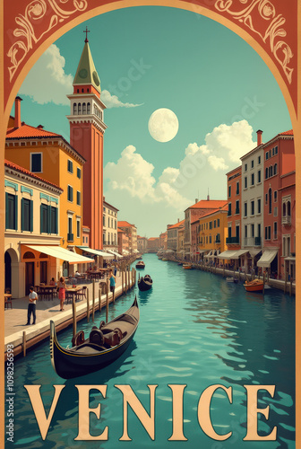 Vintage Art Deco Travel Poster of Venice Featuring Gondolas, Canals, and Iconic Landmarks