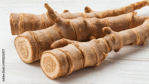 Close-up of fresh burdock roots on a light wooden surface, showcasing texture and detail.