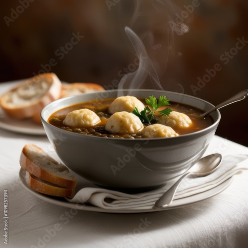 A steaming bowl of Jewish matzo ball soup with lentils and carrots in a flavorful broth, garnished with parsley photo