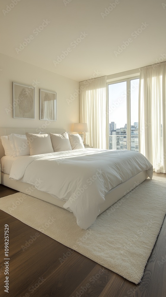 Fototapeta premium A serene and modern bedroom featuring a large bed, soft lighting, and large windows.