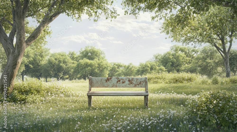Fototapeta premium Serene Spring Meadow with Rustic Bench