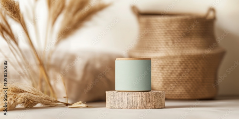 Naklejka premium Mockup visual concept. A serene composition featuring a light green candle on a wooden stand, surrounded by decorative dried grass and a woven basket, creating a cozy aesthetic.