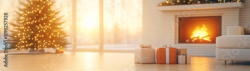 Cozy Christmas Morning Presents by the Fireplace photo
