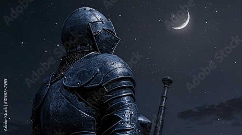 Mysterious medieval knight in dark imposing armor stands resolute and vigilant under the starry night sky exuding an air of grim determination and chivalrous valor