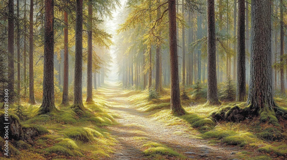 Obraz premium Sunlit Path Through a Serene Forest