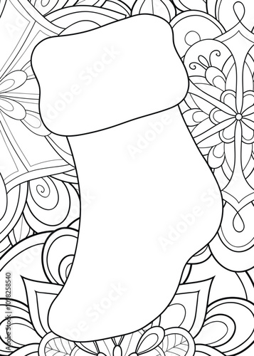 Adult coloring page a Christmas stocking on the floral background  illustration for relaxing.Line art style image for print.