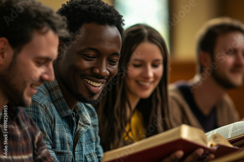 Group of friends reading bible study.