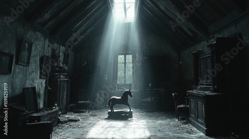 Sunbeam Illuminates Desolate Mansion: A Forgotten Toy Horse Stands Guard in Dust-Covered Grandeur photo