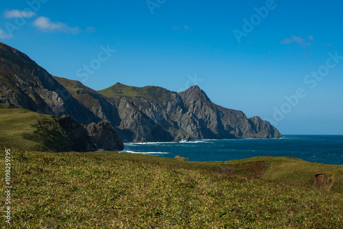 Beautiful view of mountains near the shore at the Kuril islands
