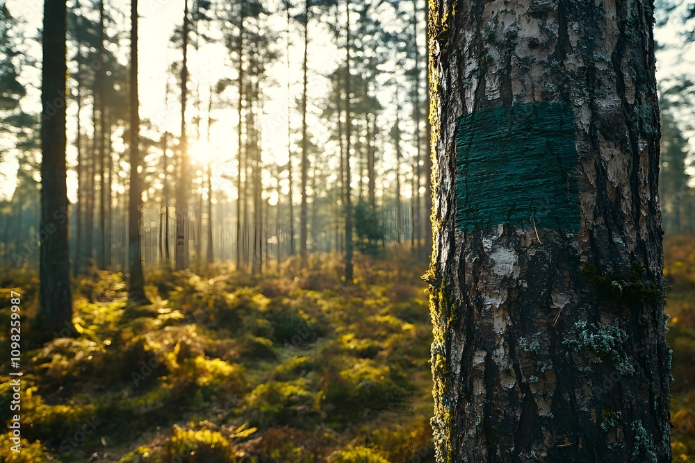 Obraz premium Painted Tree for Logging in Forest Setting