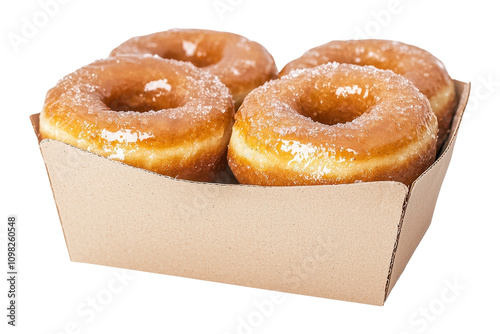 Delicious glazed donuts in a cardboard box, perfect for sweet cravings and dessert lovers. photo